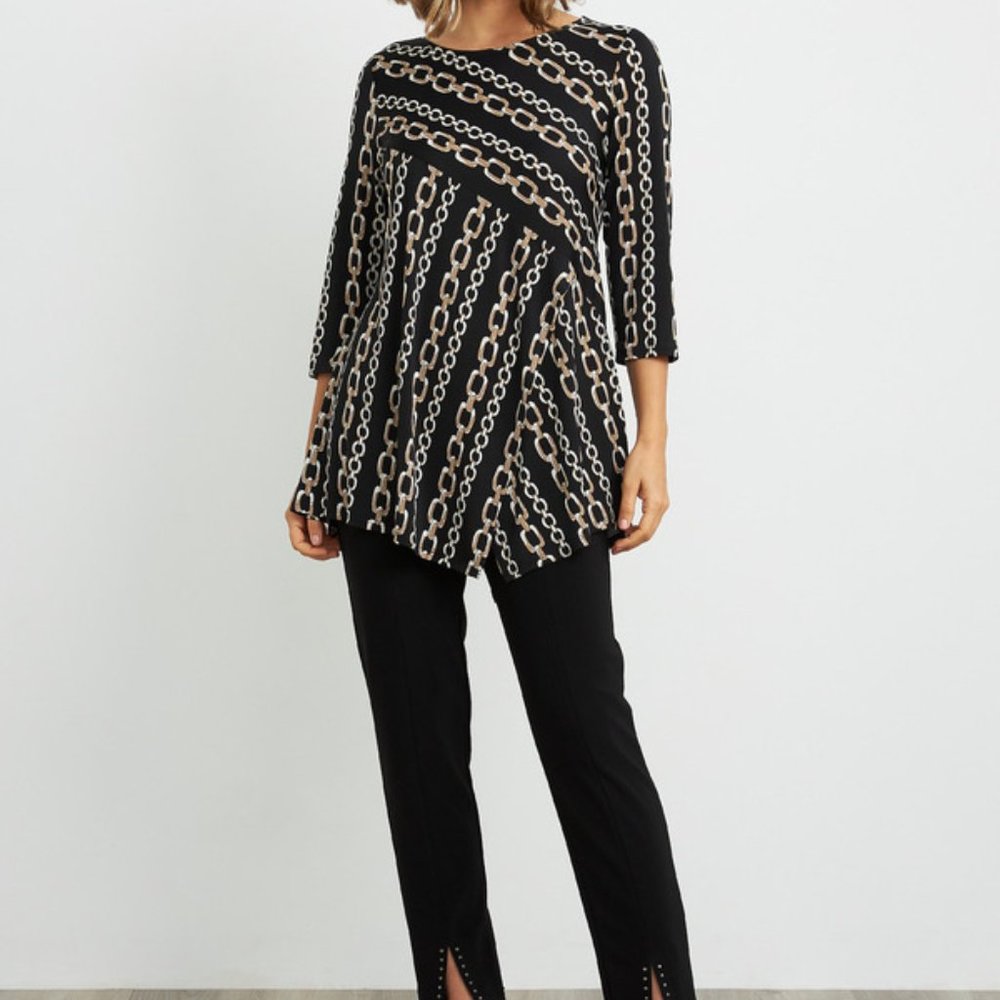 Joseph Ribkoff Black and Beige Chain-Print A-Line Tunic